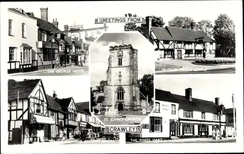 Ak Crawley West Sussex England, St. John's Church, The George Hotel, The White Hart