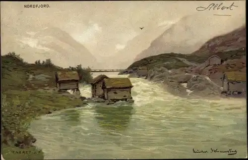 Künstler Ak Eneret, J. F., Norwegen, Nordfjord, Häuser am Ufer, Brücke