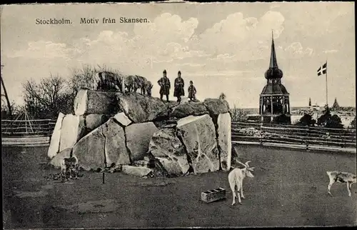 Ak Skansen Stockholm Schweden, Rentiere, Felsen