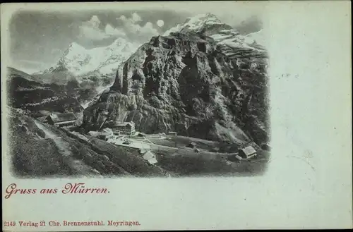 Mondschein Ak Mürren Kanton Bern Schweiz, Gesamtansicht, Bergpanorama
