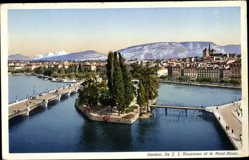 Ak Genève Genf Schweiz, Ile J. J. Rousseau et le Mont Blanc