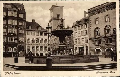 Ak København Kopenhagen Dänemark, Gammel Torv, Brunnen, Geschäft A. Stelling, Restaurant Freja