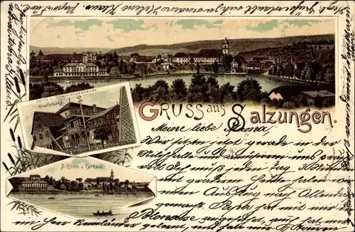 Litho Bad Salzungen in Thüringen, Schloss, Kurhaus, Totalansicht