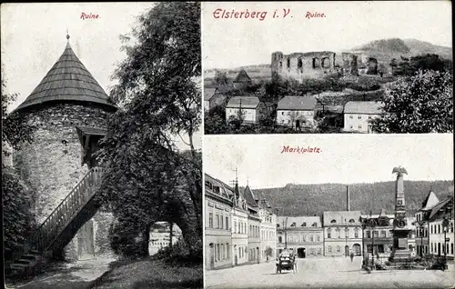 Ak Elsterberg an der Weißen Elster Vogtland, Blick auf die Ruine, Marktplatz, Kriegerdenkmal