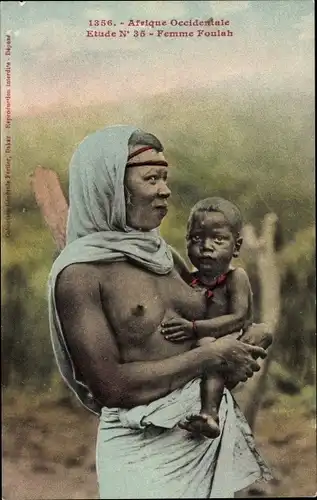Ak Afrique Occidentale, Femme Foulah, barbusige Frau mit Kind