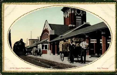 Präge Passepartout Ak Port Arthur Ontario Kanada, CPR Depot, Bahnhof, Gleisseite