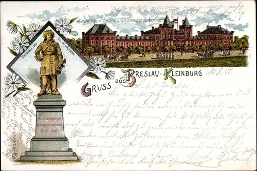 Litho Kleinburg Wrocław Breslau in Schlesien, Kaserne Leib Kürassier Regiment G. Kurfürst, Denkmal