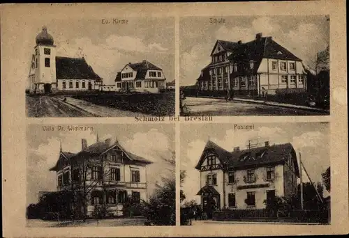 Ak Smolec Schmolz Kreis Wrocław Breslau in Schlesien, Postamt, Schule, Kirche, Villa Dr. Wichmann