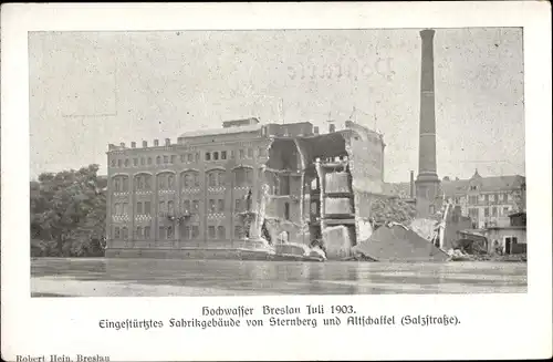 Ak Wrocław Breslau in Schlesien, Hochwasser Juli 1903, eingestürzte Fabrik Sternberg und Altschaffel