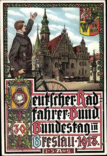 Wappen Künstler Ak Wrocław Breslau in Schlesien, Deutscher Radfahrerbund, Bundestag 1913