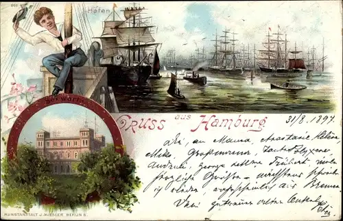 Litho Hamburg St. Pauli, Segelschiffhafen mit Seewarte, Matrose am Mast