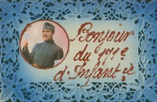 Glitzer Ak Französischer Soldat in Uniform, Bonjour du 171e de Infanterie, Spitze