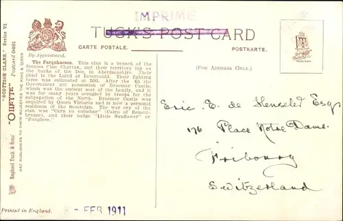 Wappen Passepartout Ak Braemar Schottland, Braemar Castle, The Farquharson