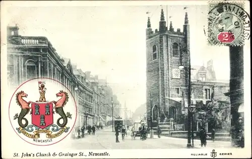 Wappen Ak Newcastle upon Tyne England, St. John's Church and Grainger Street