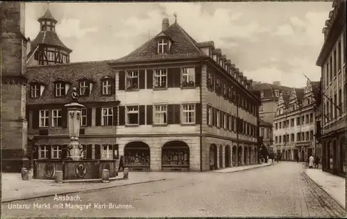 Ak Ansbach in Mittelfranken Bayern, Unterer Markt mit Markgraf Karl Brunnen