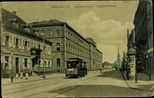 Ak Karlsruhe in Baden, Kaiserstraße und Polytechnikum, Straßenbahn