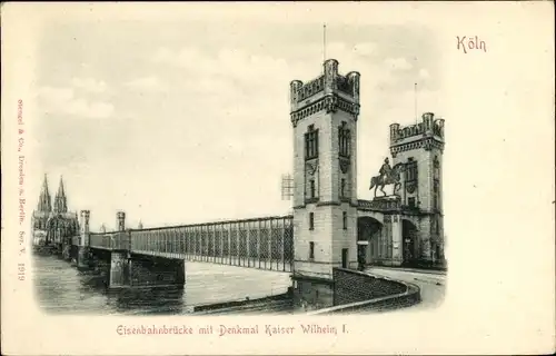 Relief Ak Köln am Rhein, Eisenbahnbrücke, Hohenzollernbrücke, Kaiser Wilhelm Reiterdenkmal