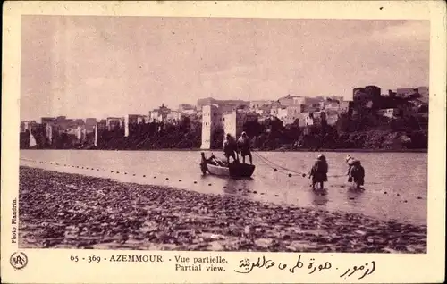 Ak Azemmour Marokko, Teilansicht der Stadt, Fischer mit Fangnetzen