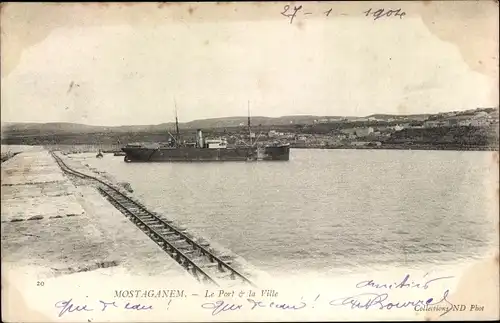 Ak Mostaganem Algerien, Le Port et la Ville, Schienen, Schiff