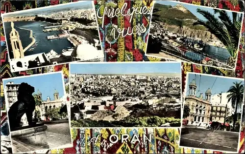 Ak Oran Algerien, Quelques vues, Löwenstatue, Ortsansicht, Hafen, Panorama