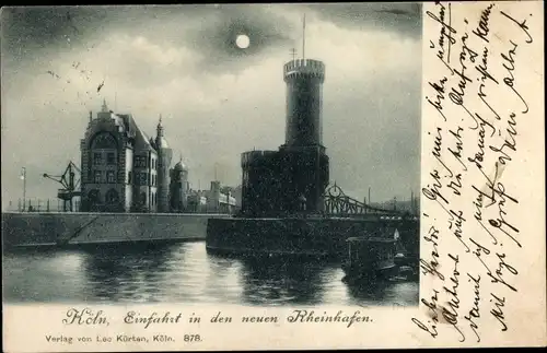 Mondschein Ak Köln am Rhein, Einfahrt in den neuen Rheinhafen