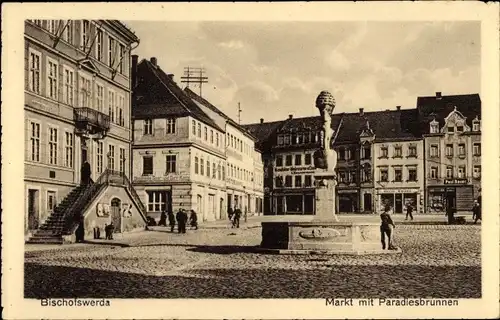 Ak Bischofswerda, Markplatz, Paradiesbrunnen, Rathaus, Sparkasse, Geschäft Paul Bauer, H. Zwahr