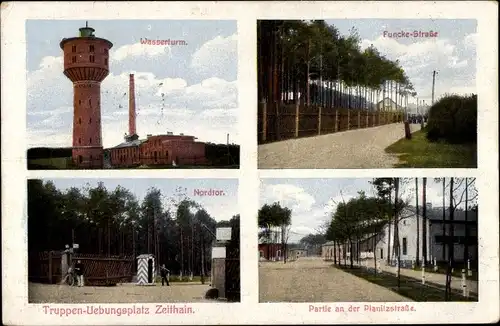 Ak Zeithain in Sachsen, Truppenübungsplatz, Wasserturm, Funcke Straße, Nordtor, Planitzstraße