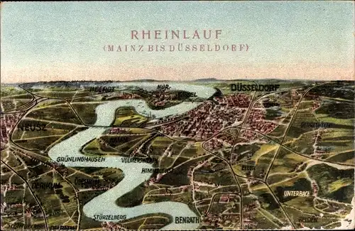 Landkarten Ak Mainz am Rhein, Rheinlauf Mainz bis Düsseldorf
