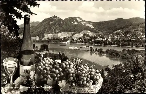 Ak Königswinter am Rhein, Drachenfels, Totalansicht vom Ort, Fluss, Wein