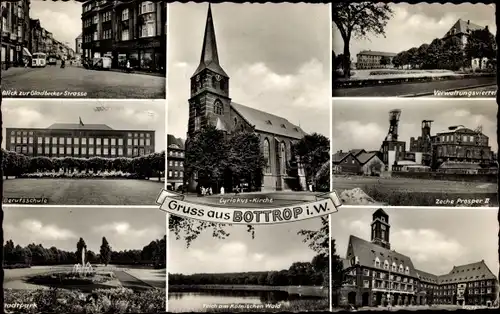 Ak Bottrop, Verwaltungsviertel, Berufsschule, Stadtpark, Zeche Prosper II, Cyriakuskirche