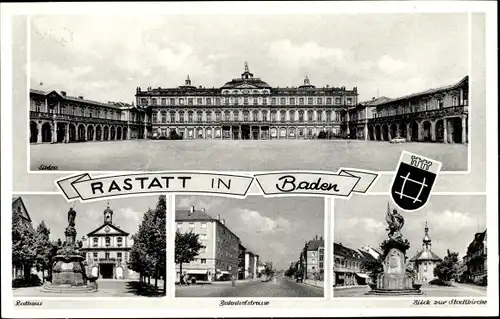 Ak Rastatt im Schwarzwald, Wappen, Rathaus, Bahnhofstraße, Blick zur Stadtkirche