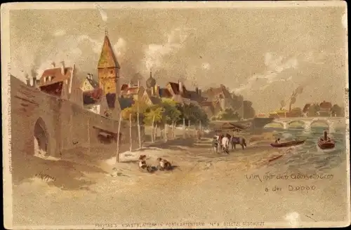 Künstler Litho Ulm an der Donau, Gänseturm, Brücke