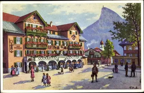 Künstler Ak Oberammergau in Oberbayern, Haus Wittelsbach am Hauptplatz