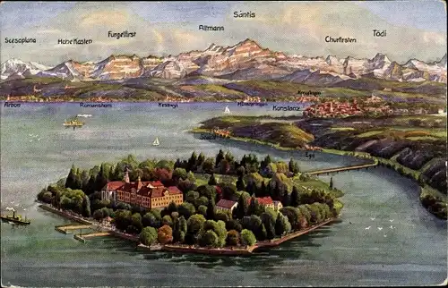 Künstler Ak Insel Mainau im Bodensee, Panorama, Säntis, Tödi, Furgelfirst, Altmann, Churfirsten