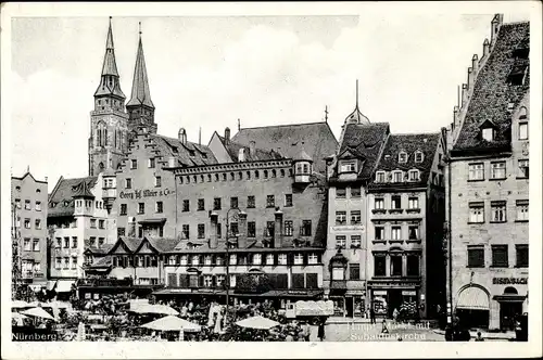 Ak Nürnberg in Mittelfranken, Hauptmarkt mit Sebalduskiche, Geschäfte, Passanten