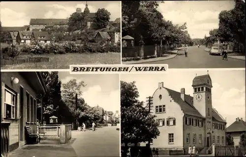 Ak Breitungen an der Werra, Teilansicht, Straßenpartien, Gebäude mit Turmuhr