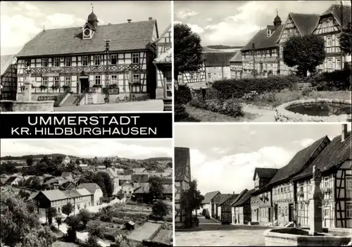 Ak Ummerstadt Thüringen, HO Gasthaus, Fachwerkhäuser, Straßenpartie, Brunnen, Panorama vom Ort