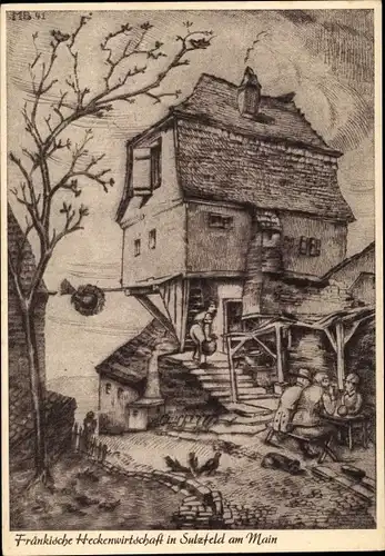 Künstler Ak Sulzfeld am Main im Kreis Kitzingen, Fränkische Heckenwirtschaft