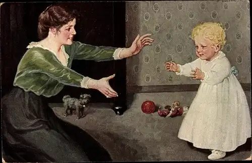 Künstler Ak Borrmeister, R., Erster Versuch, Mutter mit Kleinkind