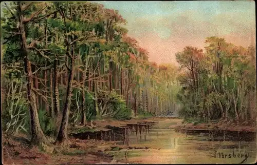 Künstler Ak Forsberg, Landschaft, Flusspartie umgeben von Wald