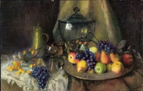 Künstler Ak Arnheim, E., Stillleben Früchte, Obst, Weintrauben, Birnen