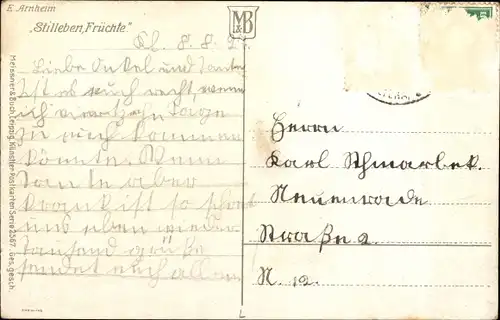 Künstler Ak Arnheim, E., Stillleben Früchte, Obst, Weintrauben, Birnen