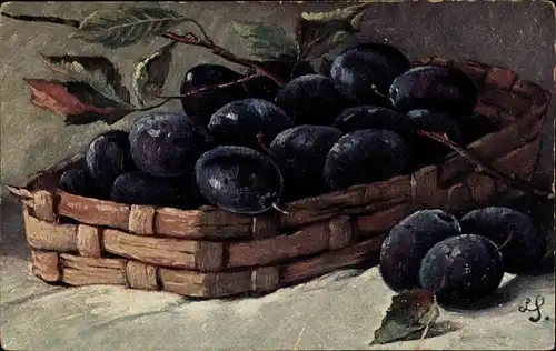 Künstler Ak Stillleben mit Pflaumen