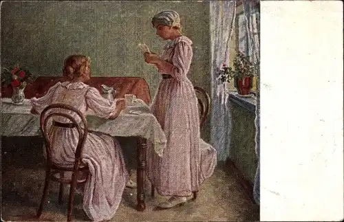 Künstler Ak Wilhjelm, J., Gute Nachricht, zwei junge Frauen, Dänische Kunst