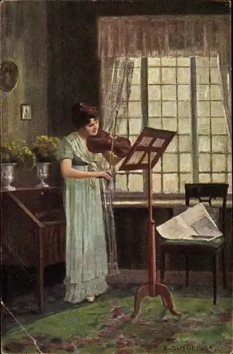 Künstler Ak Schneider, E., Violinsolo, Frau spielt Geige