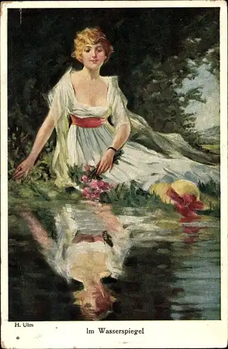 Künstler Ak Ulm, H., Im Wasserspiegel, Frauenportrait