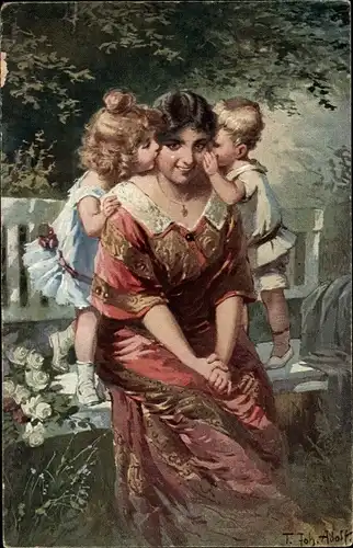 Künstler Ak Adolf, T. Joh., Zwei kleine Kinder flüstern Frau ein Geheimnis ins Ohr