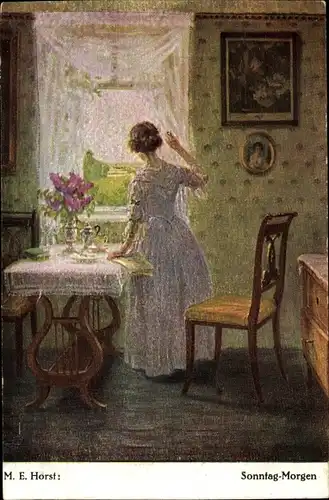 Künstler Ak Horst, M. E., Sonntag Morgen, Frau am Fenster
