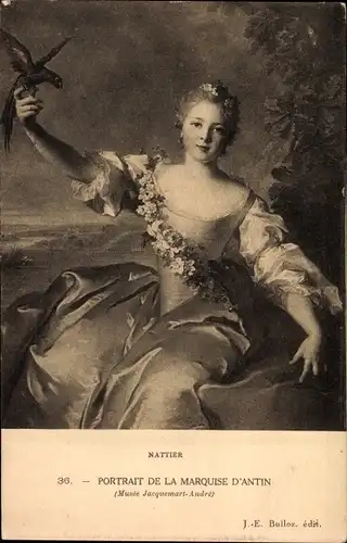 Künstler Ak Nattier, Portrait de la Marquise d'Antin, Papagei