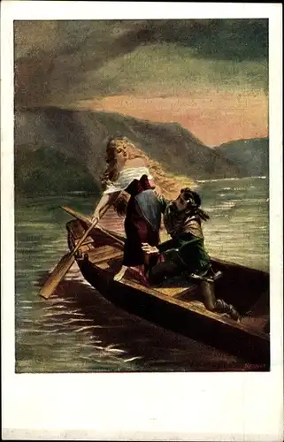 Künstler Ak Pichon, Lorelei, Mann und Frau im Ruderboot